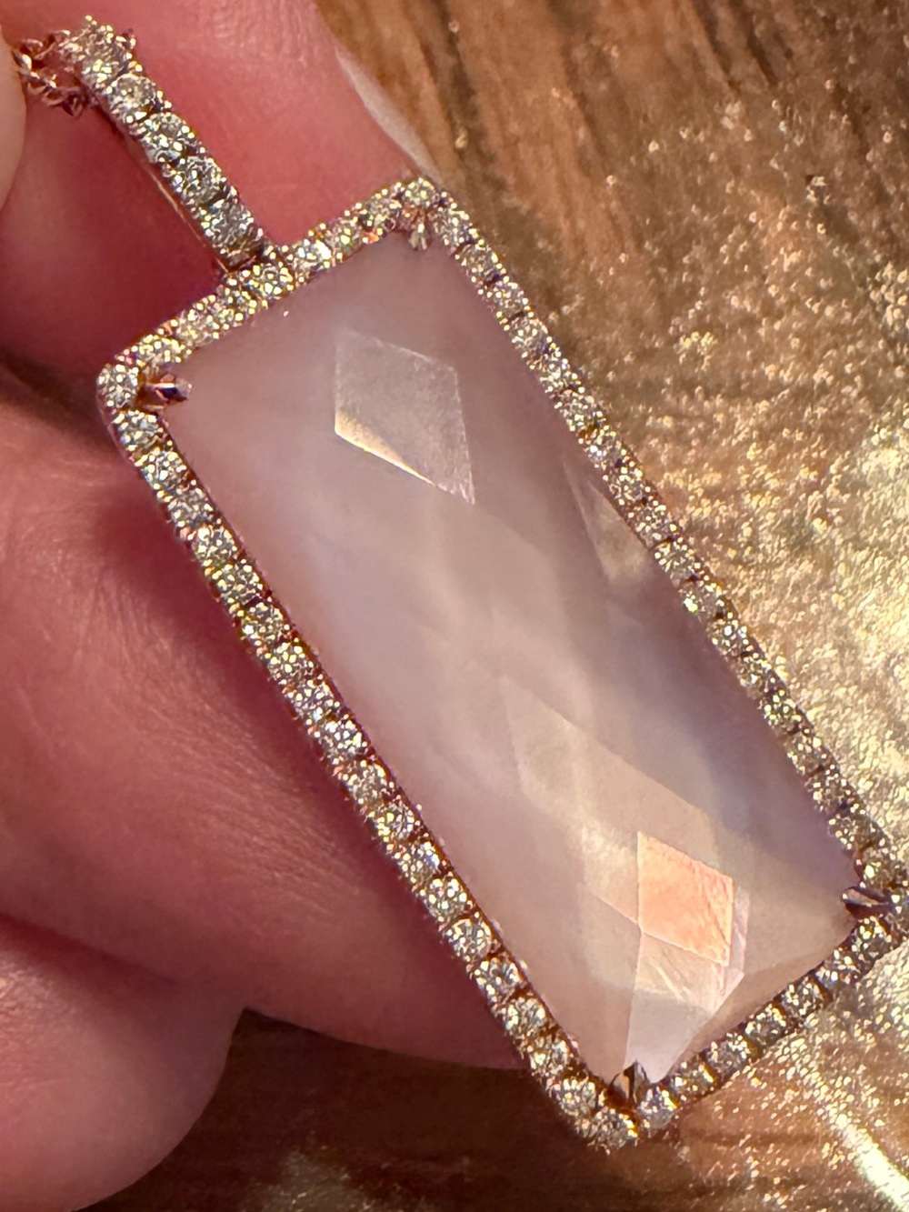 Solid 18K Rose Gold Necklace w Rectangle Faceted Pink Pendant